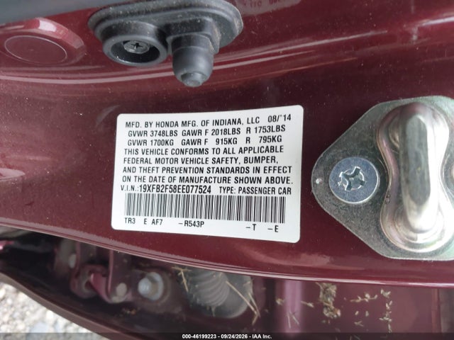 2014 Honda Civic Lx მანქანა იყიდება აუქციონზე, vin: 19XFB2F58EE077524, აუქციონის ნომერი: 46199223