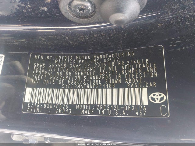 46199239 :رقم المزاد ، 5YFEPMAE8NP311188 vin ، 2022 Toyota Corolla Le مزاد بيع