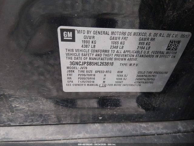 Продажа на аукционе авто 2017 Chevrolet Trax Lt, vin: 3GNCJPSB5HL263818, номер лота: 46199245