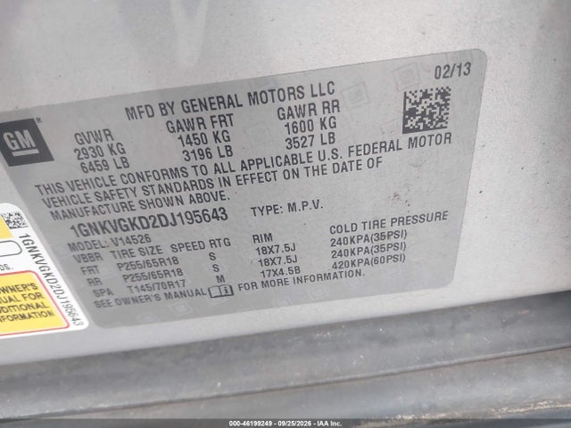 Aukcja sprzedaży 2013 Chevrolet Traverse 1lt, vin: 1GNKVGKD2DJ195643, numer aukcji: 46199249