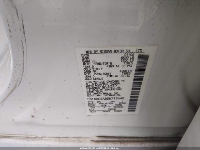 46199260 :رقم المزاد ، 5N1AA08A85N712440 vin ، 2005 Nissan Armada Le مزاد بيع