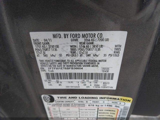 Продажа на аукционе авто 2011 Ford F-150 Xlt, vin: 1FTFW1ET6BFB36604, номер лота: 46199275