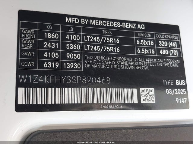 Продажа на аукционе авто 2025 Mercedes-benz Sprinter 2500 Standard Roof 4-cyl Diesel, vin: W1Z4KFHY3SP820468, номер лота: 46199289