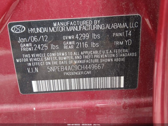 Продаж на аукціоні авто 2012 Hyundai Sonata Gls, vin: 5NPEB4AC9CH449667, номер лоту: 46199302