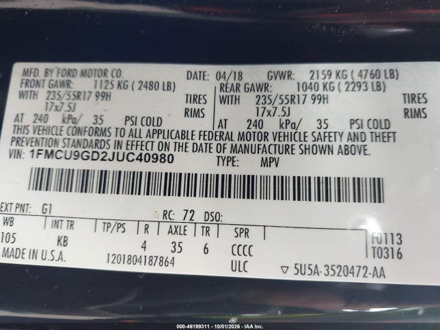 Продаж на аукціоні авто 2018 Ford Escape Se, vin: 1FMCU9GD2JUC40980, номер лоту: 46199311