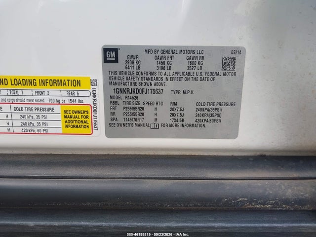 Aukcja sprzedaży 2015 Chevrolet Traverse Ltz, vin: 1GNKRJKD0FJ175637, numer aukcji: 46199319