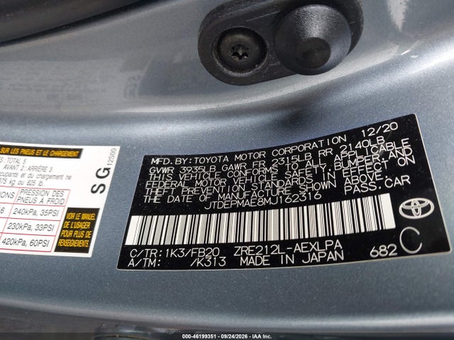 Продажа на аукционе авто 2021 Toyota Corolla Le, vin: JTDEPMAE8MJ162316, номер лота: 46199351