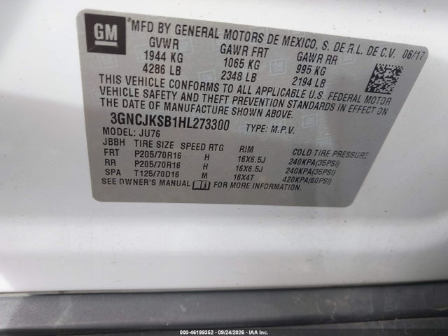 Продажа на аукционе авто 2017 Chevrolet Trax Ls, vin: 3GNCJKSB1HL273300, номер лота: 46199352