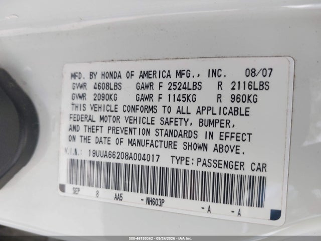 2008 Acura Tl 3.2/nav მანქანა იყიდება აუქციონზე, vin: 19UUA66208A004017, აუქციონის ნომერი: 46199362