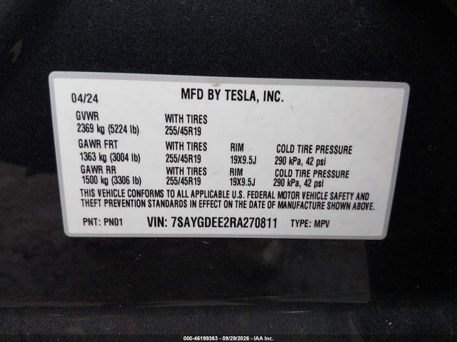 Продаж на аукціоні авто 2024 Tesla Model Y Long Range Dual Motor All-wheel Drive, vin: 7SAYGDEE2RA270811, номер лоту: 46199363