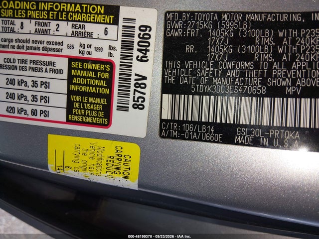 2014 Toyota Sienna Xle V6 8 Passenger მანქანა იყიდება აუქციონზე, vin: 5TDYK3DC3ES470658, აუქციონის ნომერი: 46199378