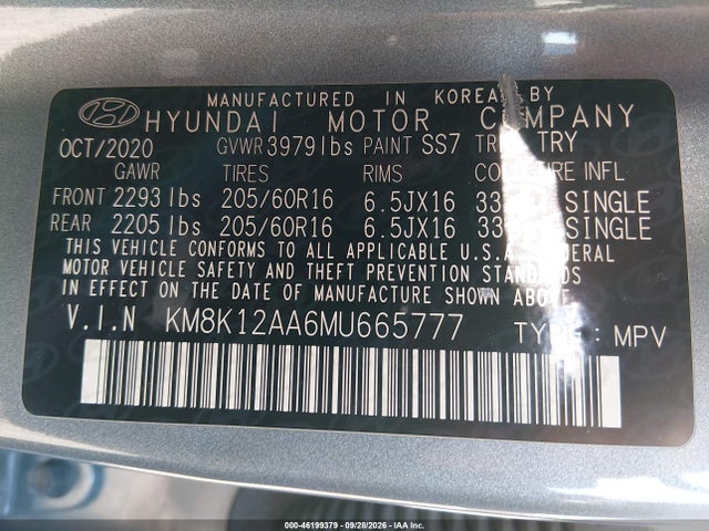 2021 Hyundai Kona Se მანქანა იყიდება აუქციონზე, vin: KM8K12AA6MU665777, აუქციონის ნომერი: 46199379