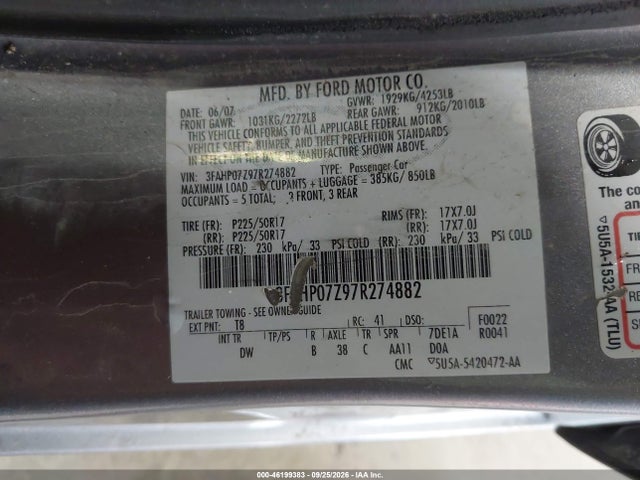 2007 Ford Fusion Se მანქანა იყიდება აუქციონზე, vin: 3FAHP07Z97R274882, აუქციონის ნომერი: 46199383