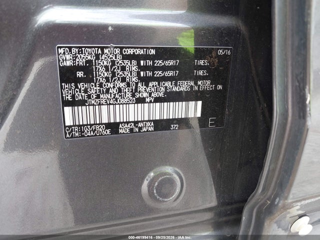 46199416 :رقم المزاد ، JTMZFREV4GJ088523 vin ، 2016 Toyota Rav4 Le مزاد بيع