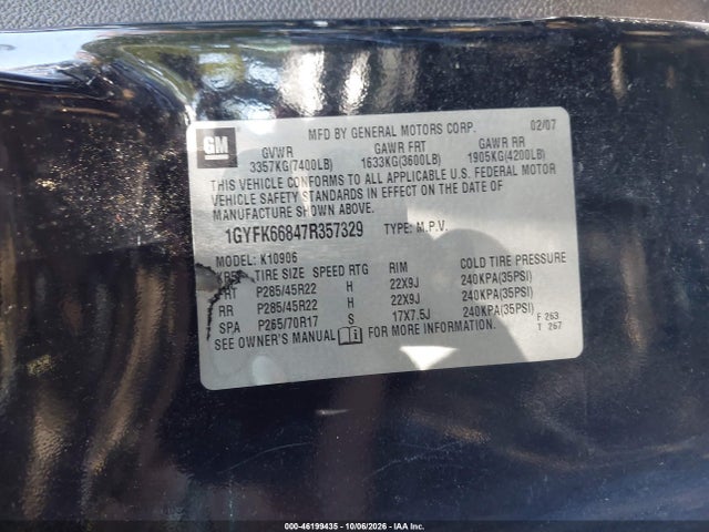 2007 Cadillac Escalade Esv მანქანა იყიდება აუქციონზე, vin: 1GYFK66847R357329, აუქციონის ნომერი: 46199435