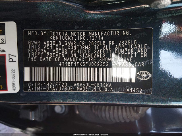 46199456 :رقم المزاد ، 4T1BF1FK6FU009353 vin ، 2015 Toyota Camry Se مزاد بيع