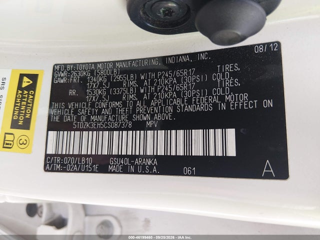 Aukcja sprzedaży 2012 Toyota Highlander Se V6, vin: 5TDZK3EH5CS087378, numer aukcji: 46199460