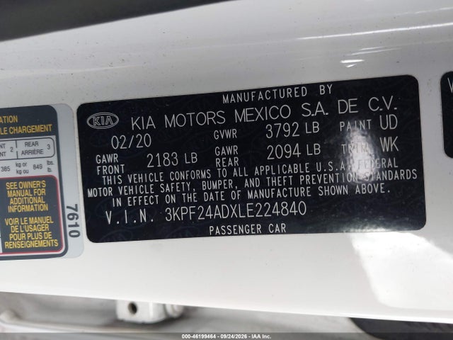 Aukcja sprzedaży 2020 Kia Forte Lxs, vin: 3KPF24ADXLE224840, numer aukcji: 46199464