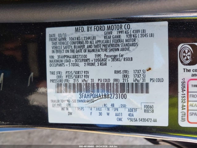 2011 Ford Fusion Se მანქანა იყიდება აუქციონზე, vin: 3FAHP0HA1BR273100, აუქციონის ნომერი: 46199468