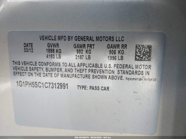 Aukcja sprzedaży 2012 Chevrolet Cruze Ltz, vin: 1G1PH5SC1C7312991, numer aukcji: 46199479
