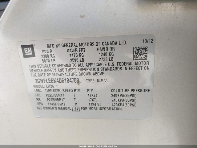 Продаж на аукціоні авто 2013 Chevrolet Equinox 1lt, vin: 2GNFLEEK4D6184758, номер лоту: 46199495