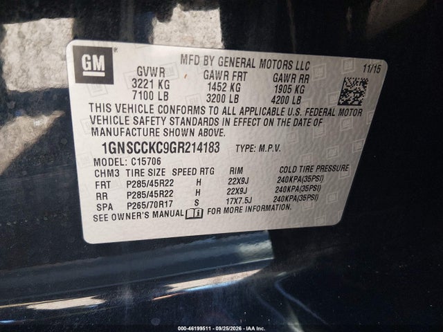 46199511 :رقم المزاد ، 1GNSCCKC9GR214183 vin ، 2016 Chevrolet Tahoe Ltz مزاد بيع