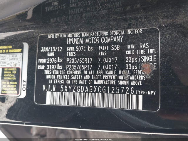 Продаж на аукціоні авто 2012 Hyundai Santa Fe Gls, vin: 5XYZGDABXCG125726, номер лоту: 46199513