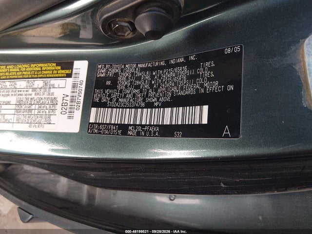 46199521 :رقم المزاد ، 5TDZA23C25S374796 vin ، 2005 Toyota Sienna Le مزاد بيع