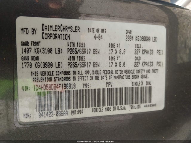 Aukcja sprzedaży 2004 Dodge Durango Limited, vin: 1D4HD58D84F196819, numer aukcji: 46199527