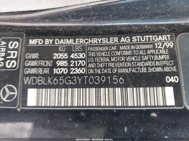 Aukcja sprzedaży 2000 Mercedes-benz Clk-class, vin: WDBLK65G3YT039156, numer aukcji: 46199547