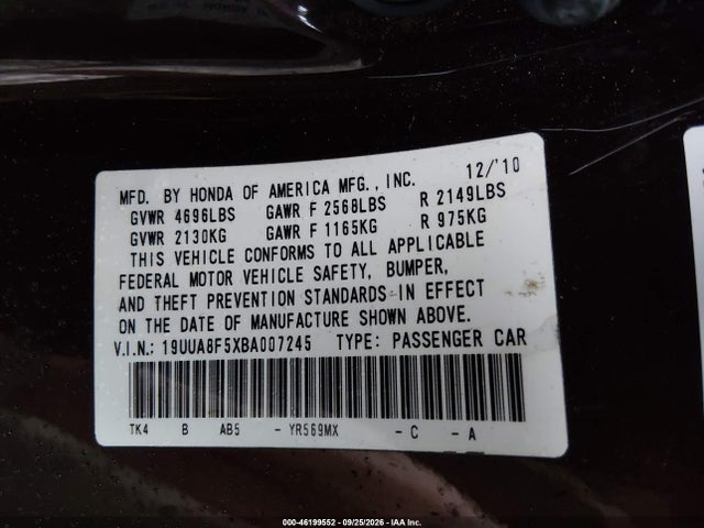 Aukcja sprzedaży 2011 Acura Tl 3.5, vin: 19UUA8F5XBA007245, numer aukcji: 46199552
