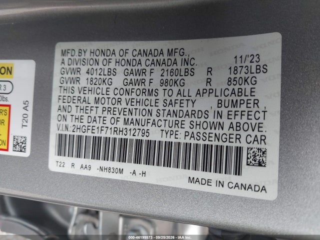 2024 Honda Civic Ex მანქანა იყიდება აუქციონზე, vin: 2HGFE1F71RH312795, აუქციონის ნომერი: 46199573