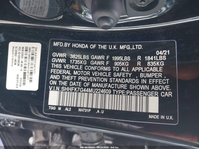 Продажа на аукционе авто 2021 Honda Civic Sport, vin: SHHFK7G44MU224609, номер лота: 46199593