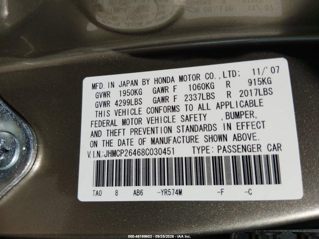 Aukcja sprzedaży 2008 Honda Accord 2.4 Lx-p, vin: JHMCP26468C030451, numer aukcji: 46199602