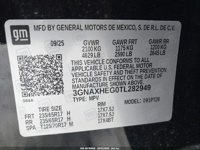 46199606 :رقم المزاد ، 3GNAXHEG0TL282949 vin ، 2026 Chevrolet Equinox Fwd Lt مزاد بيع