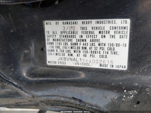 2000 Kawasaki Vn1500 L მანქანა იყიდება აუქციონზე, vin: JKBVNAL17YA002616, აუქციონის ნომერი: 46199608