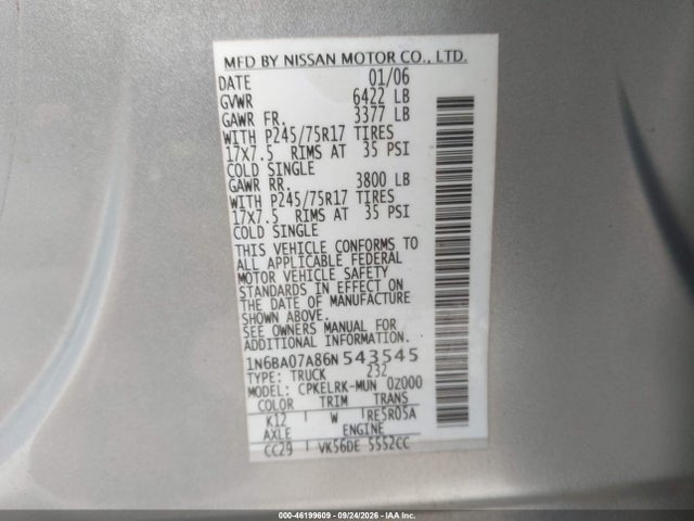 Aukcja sprzedaży 2006 Nissan Titan Xe, vin: 1N6BA07A86N543545, numer aukcji: 46199609