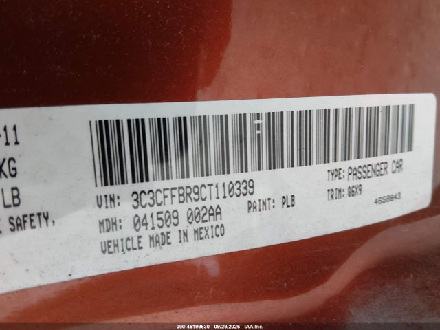 46199630 :رقم المزاد ، 3C3CFFBR9CT110339 vin ، 2012 Fiat 500 Sport مزاد بيع