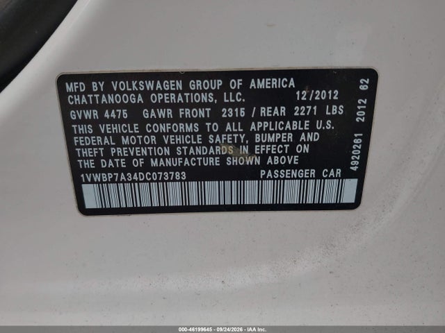 Продаж на аукціоні авто 2013 Volkswagen Passat Se W/sunroof, vin: 1VWBP7A34DC073783, номер лоту: 46199645