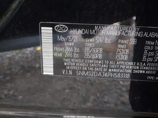 Aukcja sprzedaży 2023 Hyundai Santa Fe Sel, vin: 5NMS2DAJ4PH583118, numer aukcji: 46199688