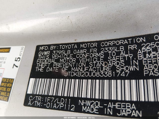 Продажа на аукционе авто 2008 Toyota Prius, vin: JTDKB20U083381747, номер лота: 46199692