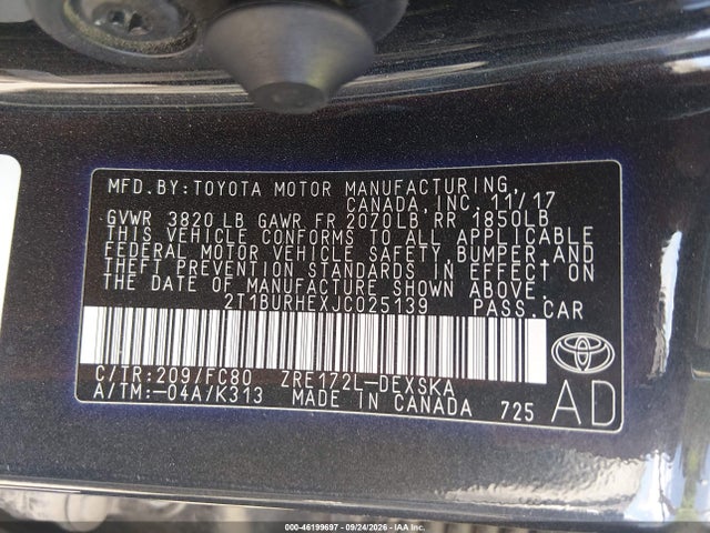 46199697 :رقم المزاد ، 2T1BURHEXJC025139 vin ، 2018 Toyota Corolla Se مزاد بيع