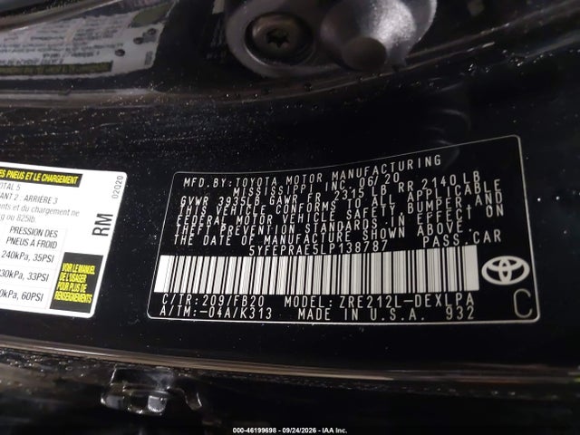 46199698 :رقم المزاد ، 5YFEPRAE5LP138787 vin ، 2020 Toyota Corolla Le مزاد بيع