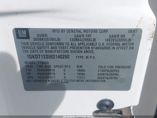 Aukcja sprzedaży 2008 Gmc Envoy Slt, vin: 1GKDT13S982140290, numer aukcji: 46199708