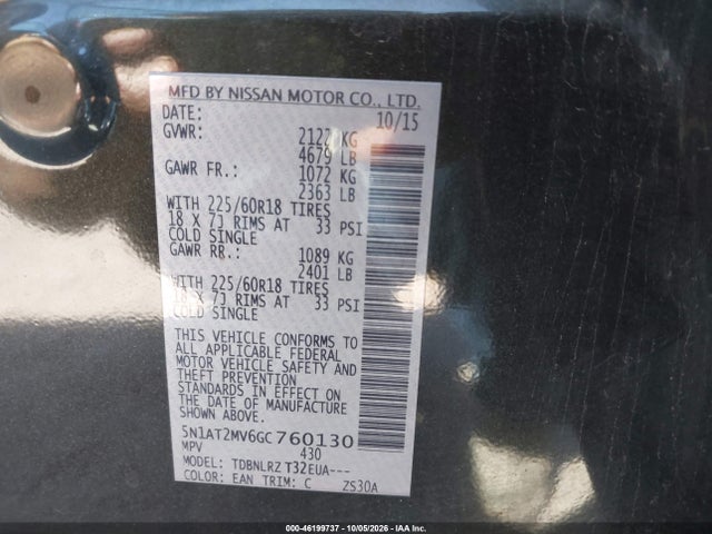 Aukcja sprzedaży 2016 Nissan Rogue Sl, vin: 5N1AT2MV6GC760130, numer aukcji: 46199737