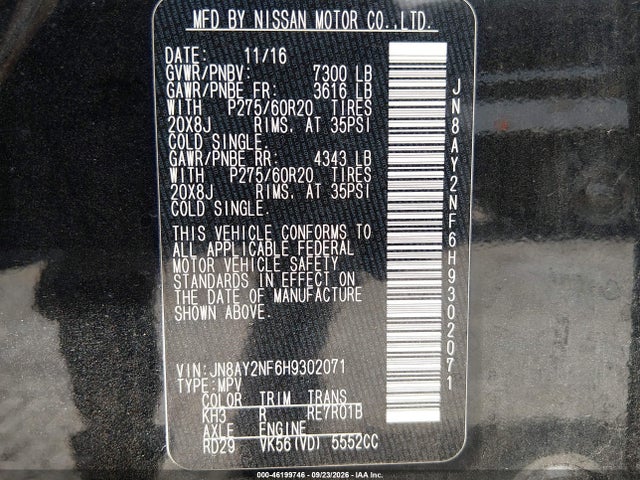 Aukcja sprzedaży 2017 Nissan Armada Platinum, vin: JN8AY2NF6H9302071, numer aukcji: 46199746
