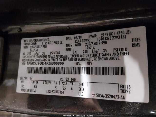 Продажа на аукционе авто 2019 Ford Escape Se, vin: 1FMCU9GD4KUB66866, номер лота: 46199776