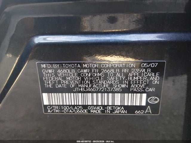 2007 Lexus Es 350 მანქანა იყიდება აუქციონზე, vin: JTHBJ46G772137385, აუქციონის ნომერი: 46199782