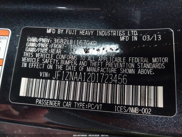 46199806 :رقم المزاد ، JF1ZNAA12D1723456 vin ، 2013 Scion Fr-s مزاد بيع