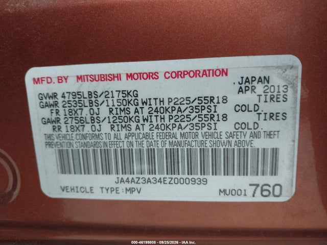 Auction sale of the 2014 Mitsubishi Outlander Se, vin: JA4AZ3A34EZ000939, lot number: 46199808